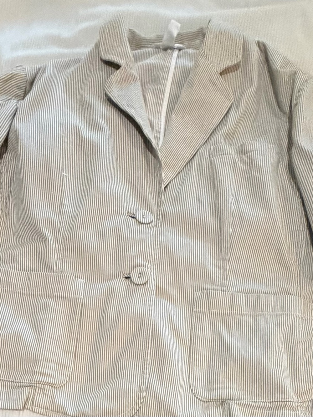 Talbots Stretch Pinstripe Blazer Jacket Tan White Cotton Women's 12 Two Button - Picture 3 of 8